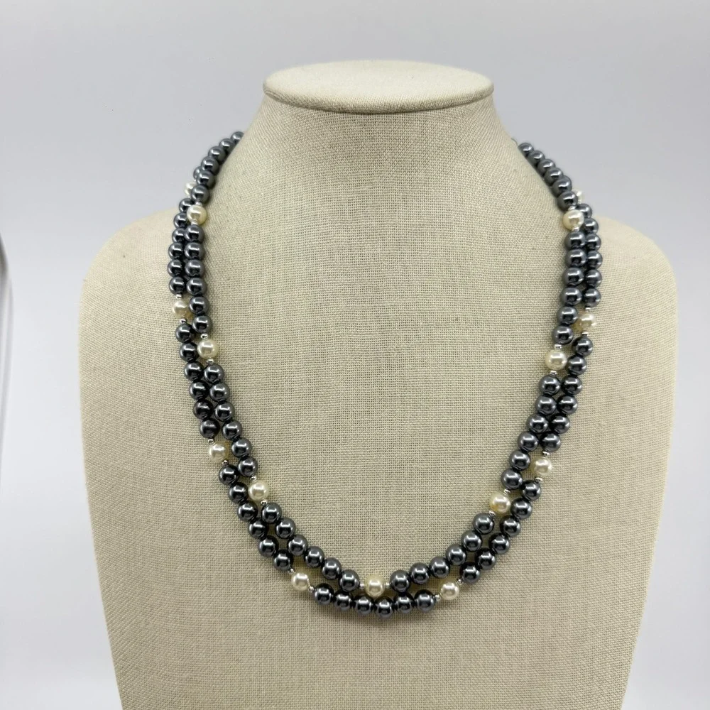 Gray Cream Faux Pearl Extra Long Wrap Necklace Silver Tone Boho Statement Gift